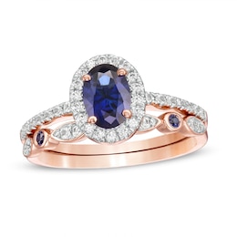 Oval Lab-Created Blue and White Sapphire Frame Art Deco Bridal Set in 10K Rose Gold