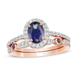 Oval Lab-Created Blue and White Sapphire Frame Art Deco Bridal Set in 10K Rose Gold