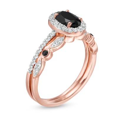 Oval Black Spinel and Lab-Created White Sapphire Frame Art Deco Bridal Set in 10K Rose Gold