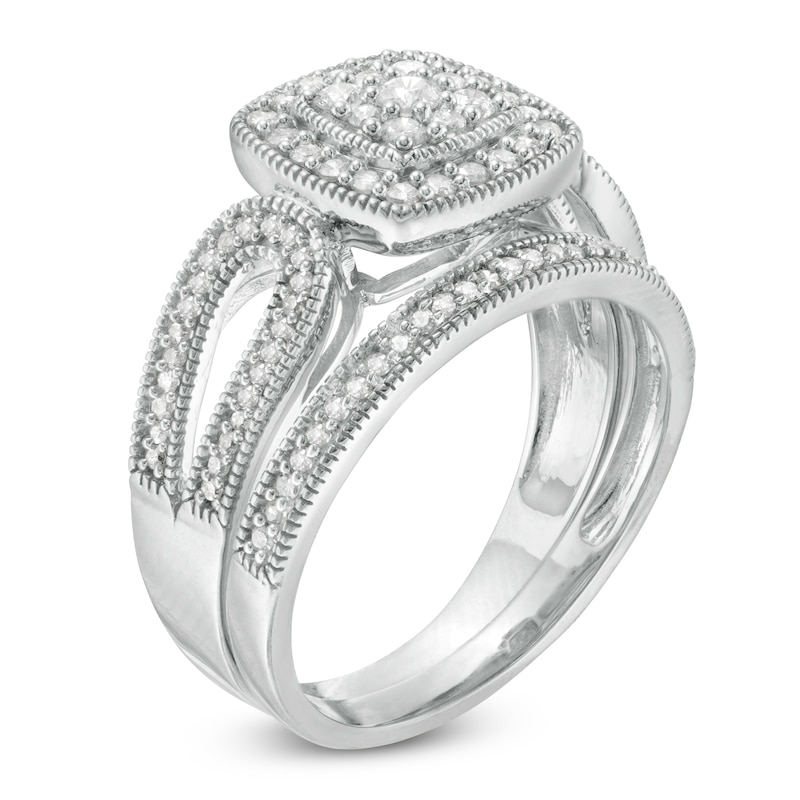 0.45 CT. T.W. Composite Diamond Cushion Frame Looped Vintage-Style Bridal Set in 10K White Gold