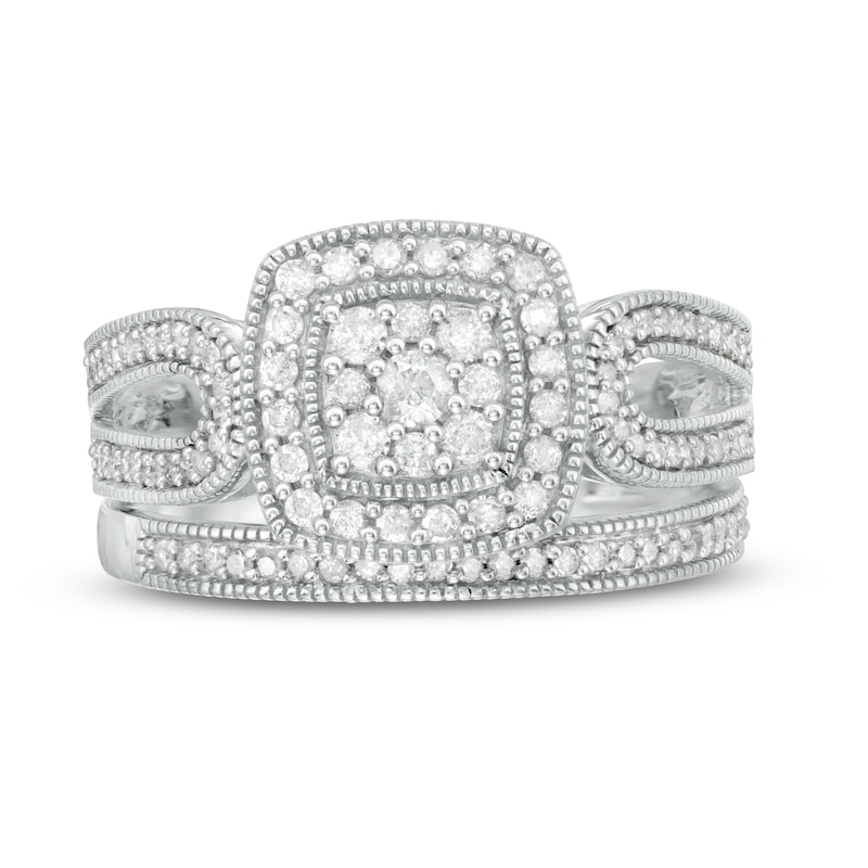 0.45 CT. T.W. Composite Diamond Cushion Frame Looped Vintage-Style Bridal Set in 10K White Gold