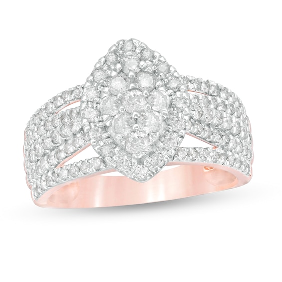 0.95 CT. T.W. Composite Diamond Marquise-Shaped Frame Multi-Row Ring in 10K Rose Gold