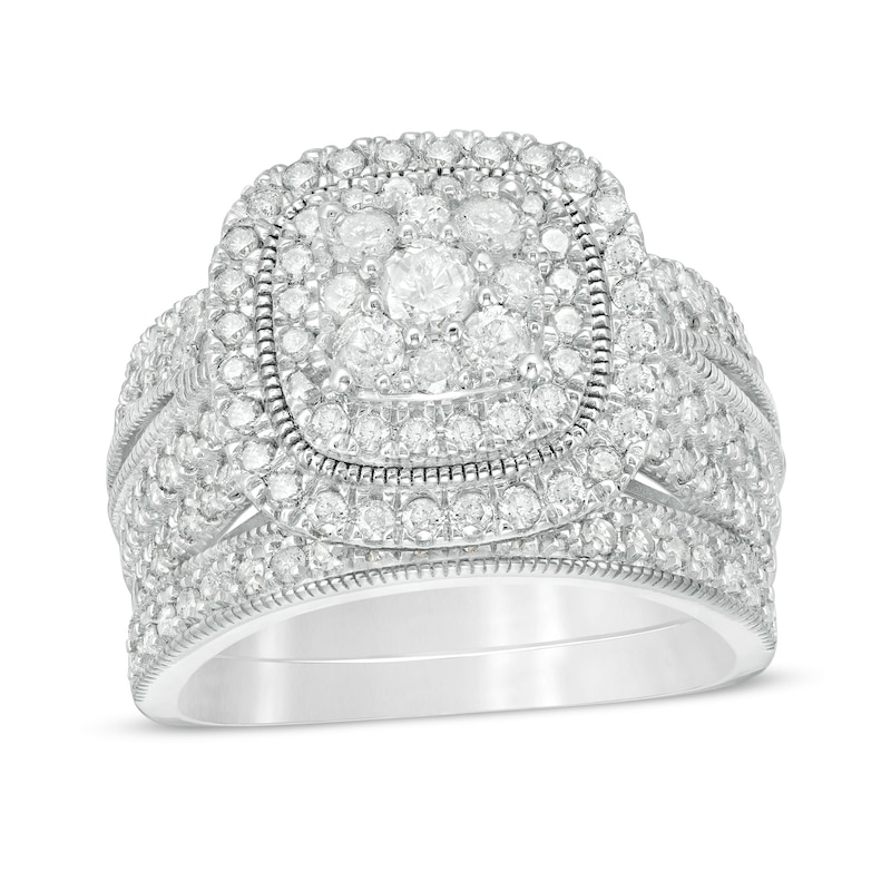 1.29 CT. T.W. Multi-Diamond Cushion Frame Vintage-Style Bridal Set in 10K White Gold|Peoples Jewellers