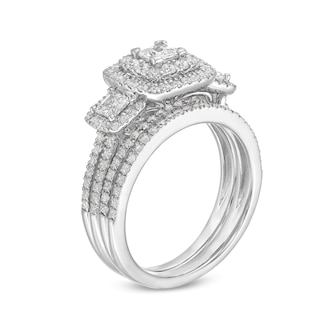 1.23 CT. T.W. Princess-Cut Diamond Past Present Future® Bridal Set in 14K White Gold (I/I2)