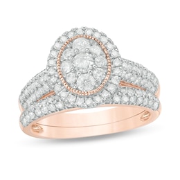 0.95 CT. T.W. Multi-Diamond Oval Frame Vintage-Style Bridal Set in 10K Rose Gold