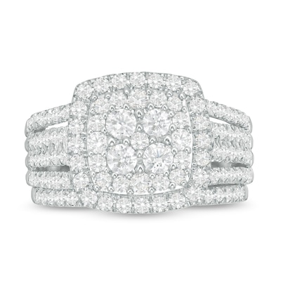 1.45 CT. T.W. C Multi-Diamond Cushion Frame Bridal Set in 10K White Gold