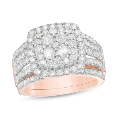 1.45 CT. T.W. Multi-Diamond Cushion Frame Bridal Set in 10K Rose Gold