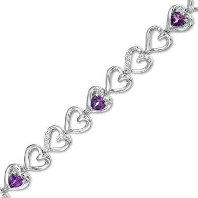 Amethyst and Lab-Created White Sapphire Hearts Line Bracelet in Sterling Silver - 7.5"