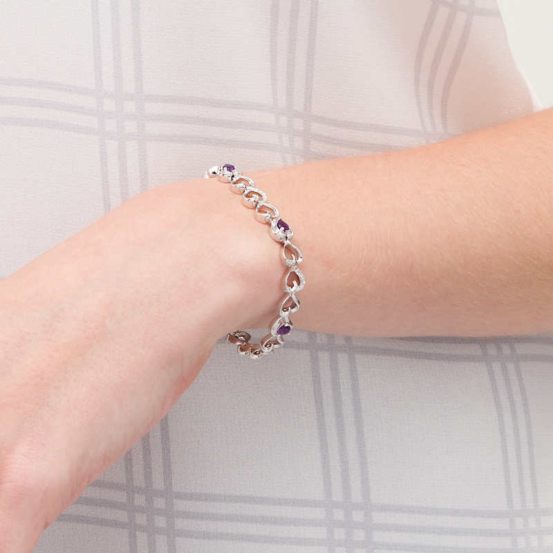 Amethyst and Lab-Created White Sapphire Hearts Line Bracelet in Sterling Silver - 7.5"|Peoples Jewellers