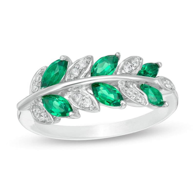 Marquise Lab-Created Emerald and 0.066 CT. T.W. Diamond Leaves Ring in Sterling Silver|Peoples Jewellers