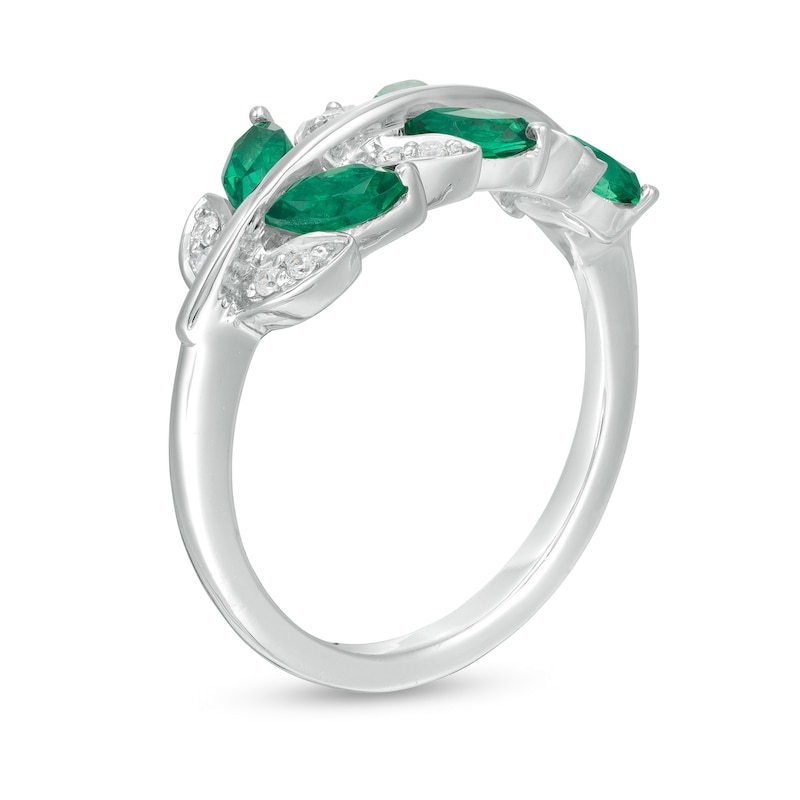 Marquise Lab-Created Emerald and 0.066 CT. T.W. Diamond Leaves Ring in Sterling Silver|Peoples Jewellers