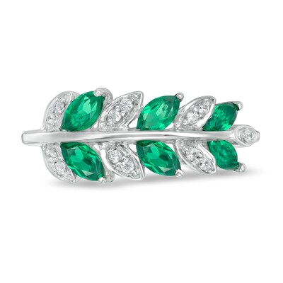 Marquise Lab-Created Emerald and 0.066 CT. T.W. Diamond Leaves Ring in Sterling Silver