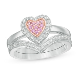 Composite Lab-Created Pink and White Sapphire Heart Frame Bridal Set in Sterling Silver and 10K Rose Gold