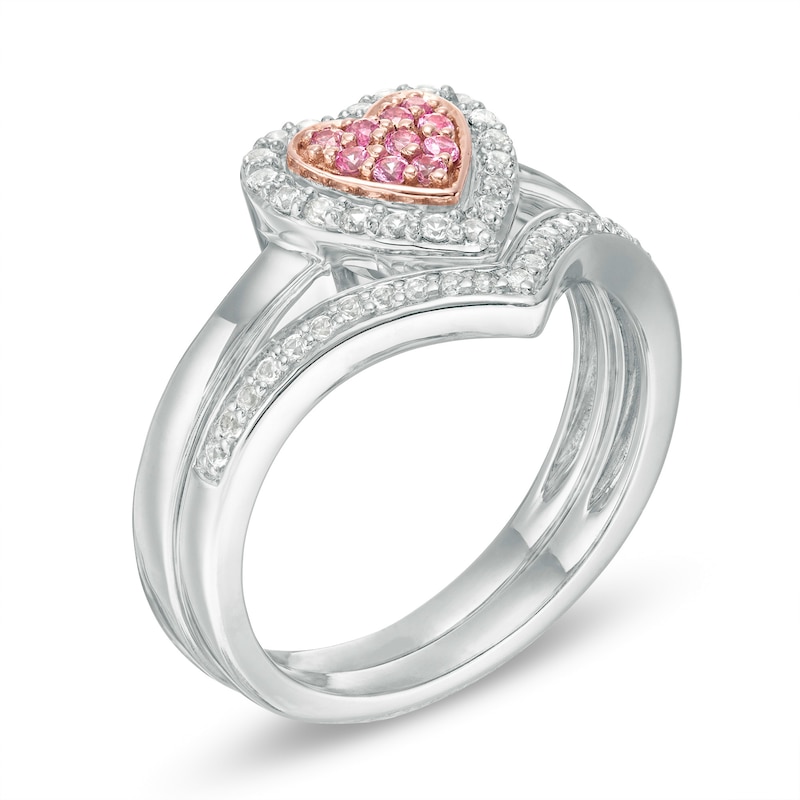 Composite Lab-Created Pink and White Sapphire Heart Frame Bridal Set in Sterling Silver and 10K Rose Gold
