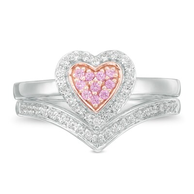 Composite Lab-Created Pink and White Sapphire Heart Frame Bridal Set in Sterling Silver and 10K Rose Gold