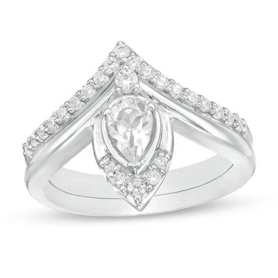 Pear-Shaped Lab-Created White Sapphire and 0.29 CT. T.W. Diamond Chevron Bridal Set in 10K White Gold