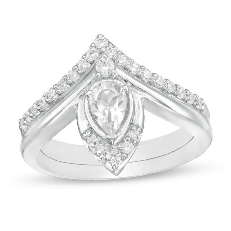 Pear-Shaped Lab-Created White Sapphire and 0.29 CT. T.W. Diamond Chevron Bridal Set in 10K White Gold|Peoples Jewellers