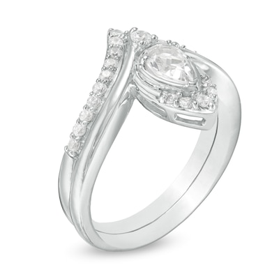 Pear-Shaped Lab-Created White Sapphire and 0.29 CT. T.W. Diamond Chevron Bridal Set in 10K White Gold