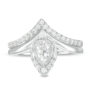 Pear-Shaped Lab-Created White Sapphire and 0.29 CT. T.W. Diamond Chevron Bridal Set in 10K White Gold