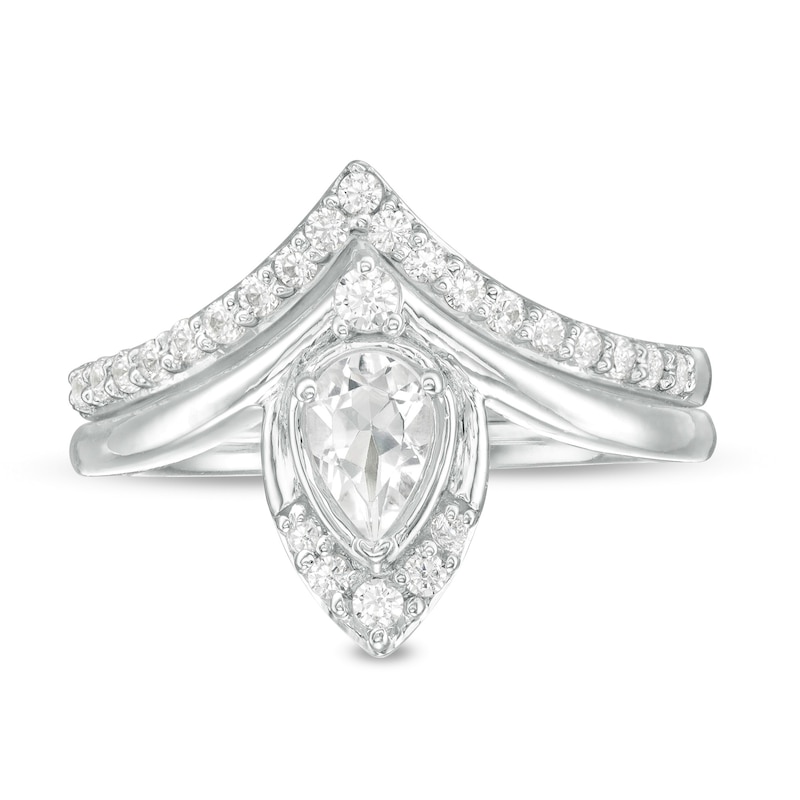 Pear-Shaped Lab-Created White Sapphire and 0.29 CT. T.W. Diamond Chevron Bridal Set in 10K White Gold|Peoples Jewellers