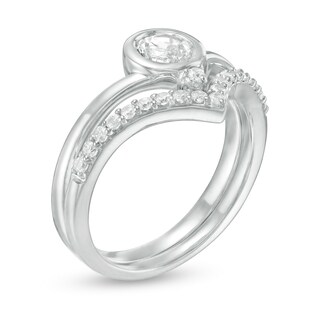 5.0mm Lab-Created White Sapphire and 0.23 CT. T.W. Diamond Chevron Bridal Set in Sterling Silver