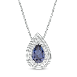 Pear-Shaped Lab-Created Blue and White Sapphire Frame Teardrop Pendant in Sterling Silver