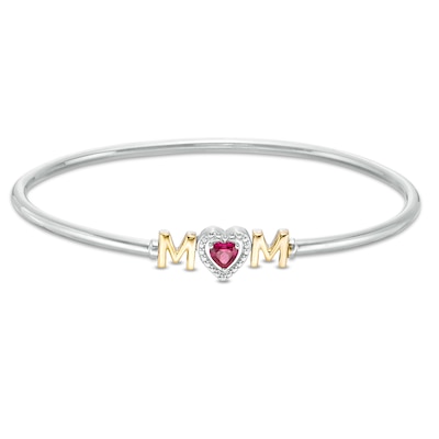 5.0mm Heart-Shaped Lab-Created Ruby "MOM" Flexible Bangle in Sterling Silver and 10K Gold