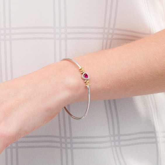 5.0mm Heart-Shaped Lab-Created Ruby "MOM" Flexible Bangle in Sterling Silver and 10K Gold