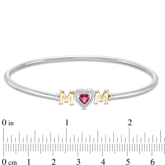 5.0mm Heart-Shaped Lab-Created Ruby "MOM" Flexible Bangle in Sterling Silver and 10K Gold