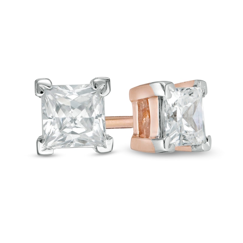 Main Image 1 of 0.45 CT. T.W. Princess-Cut Diamond Solitaire Stud Earrings in 14K Rose Gold