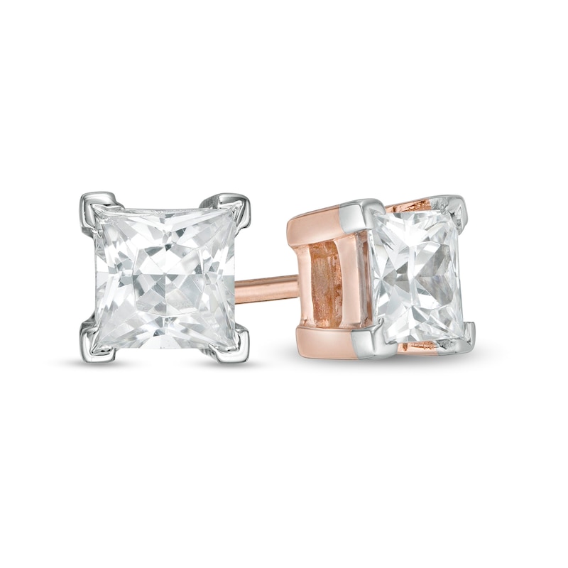 Main Image 1 of 0.58 CT. T.W. Princess-Cut Diamond Solitaire Stud Earrings in 14K Rose Gold