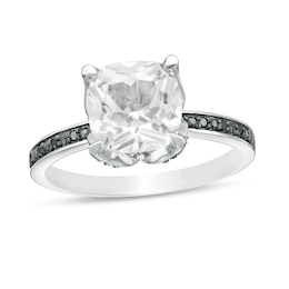 Cushion-Cut Lab-Created White Sapphire and 0.06 CT. T.W. Black Diamond Flower Engagement Ring in 10K White Gold