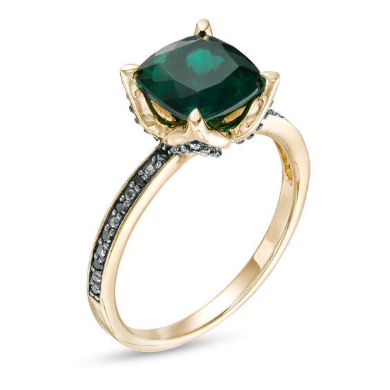 8.0mm Cushion-Cut Lab-Created Emerald and 0.06 CT. T.W. Black Diamond Flower Engagement Ring in 10K Gold