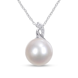 12.0-12.5mm Button Freshwater Cultured Pearl and Diamond Accent Pendant in Sterling Silver