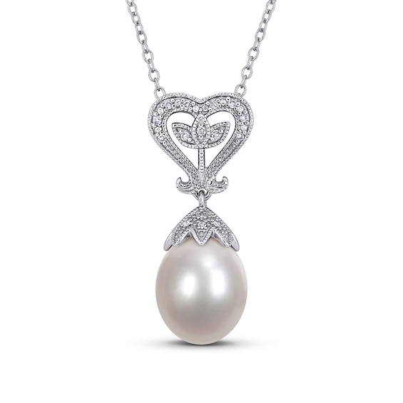 10.0-10.5mm Freshwater Cultured Pearl and 0.05 CT. T.W. Diamond Vintage-Style Heart-Top Pendant in Sterling Silver