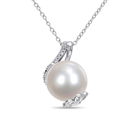 12.0-12.5mm Freshwater Cultured Pearl and 0.10 CT. T.W. Diamond Flower Wrap Pendant in Sterling Silver