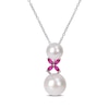 8.5-12.0mm Freshwater Cultured Pearl and Marquise Lab-Created Ruby "X" Drop Pendant in Sterling Silver