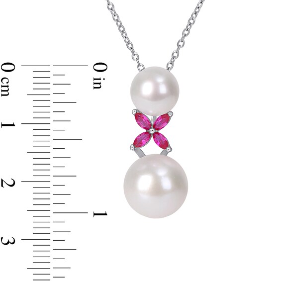 8.5-12.0mm Freshwater Cultured Pearl and Marquise Lab-Created Ruby "X" Drop Pendant in Sterling Silver