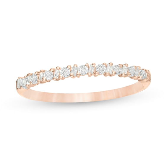 0.065 CT. T.W. Baguette and Round Diamond Alternating Anniversary Band in 10K Rose Gold