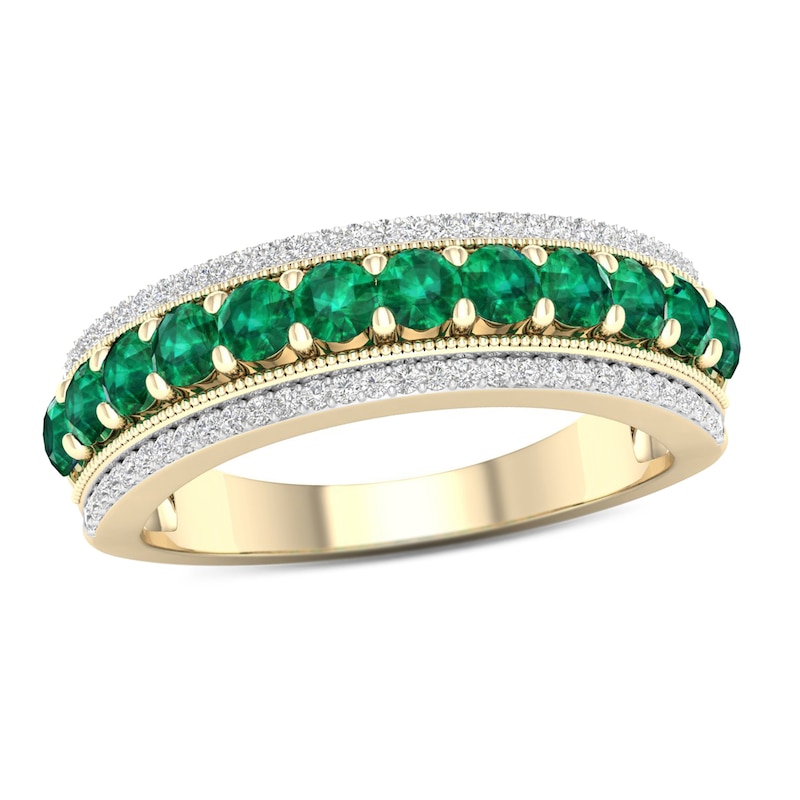 Emerald and 0.15 CT. T.W. Diamond Border Triple Row Vintage-Style Ring in 10K Gold