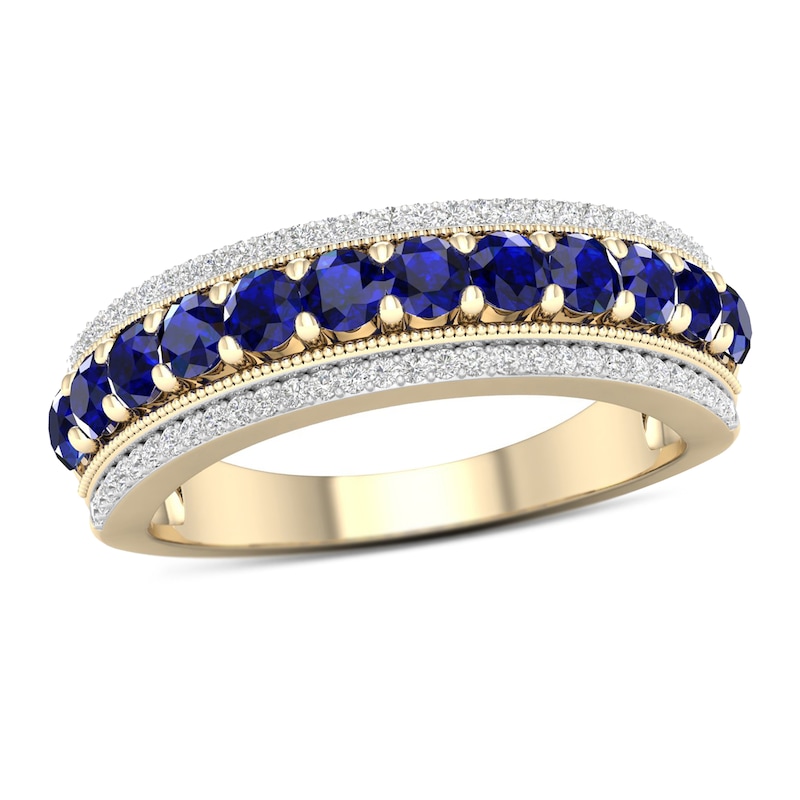 Blue Sapphire and 0.15 CT. T.W. Diamond Border Triple Row Vintage-Style Ring in 10K Gold|Peoples Jewellers
