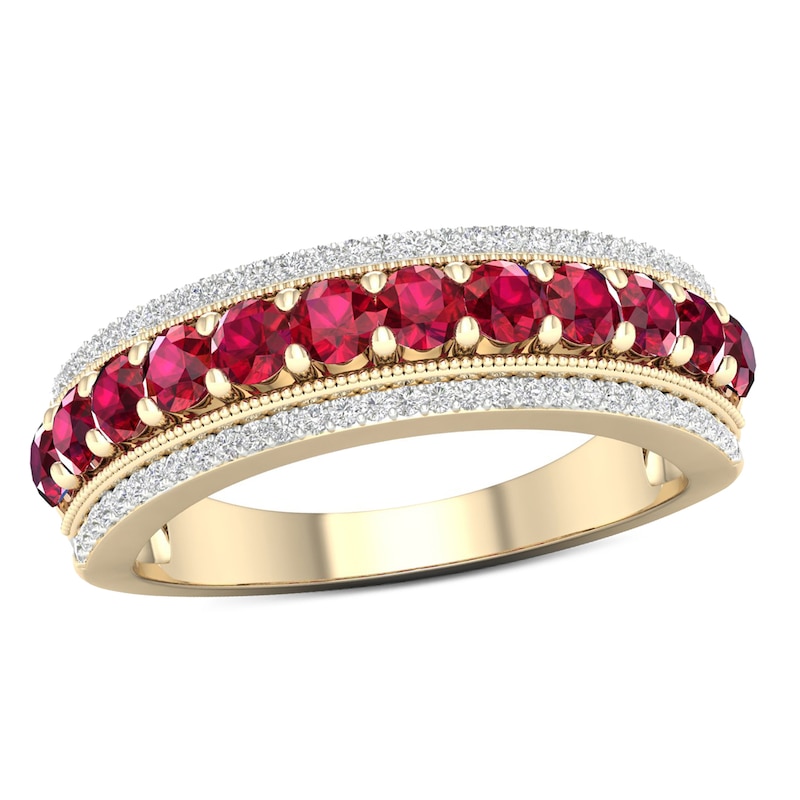 Ruby and 0.15 CT. T.W. Diamond Border Triple Row Vintage-Style Ring in 10K Gold|Peoples Jewellers