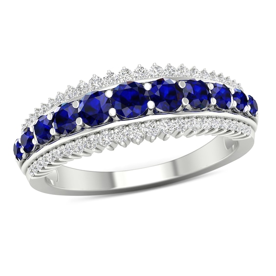 Graduated Blue Sapphire and 0.25 CT. T.W. Diamond Sunburst Border Triple Row Ring in 10K White Gold