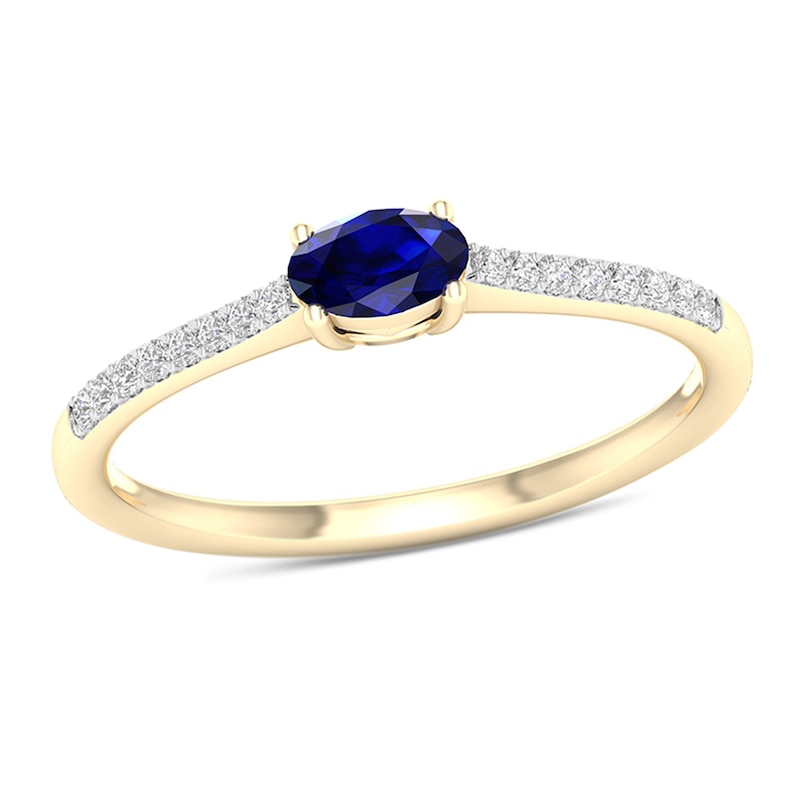 Sideways Oval Blue Sapphire and 0.08 CT. T.W. Diamond Stackable Ring in 10K Gold|Peoples Jewellers