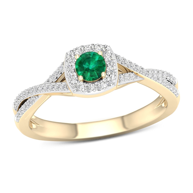 4.0mm Emerald and 0.25 CT. T.W. Diamond Cushion Frame Crossover Shank Ring in 10K Gold|Peoples Jewellers