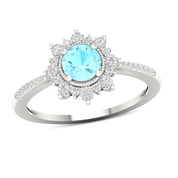 5.0mm Aquamarine and 0.10 CT. T.W. Diamond Sunburst Double Frame Vintage-Style Tapered Shank Ring in 10K White Gold