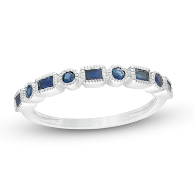 Sideways Emerald-Cut and Round Blue Sapphire Alternating Art Deco Stackable Ring in 10K White Gold