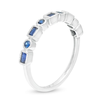 Sideways Emerald-Cut and Round Blue Sapphire Alternating Art Deco Stackable Ring in 10K White Gold