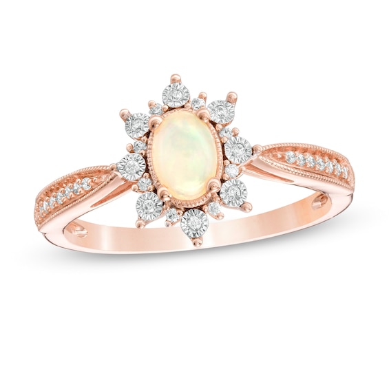 Oval Opal and 0.10 CT. T.W. Diamond Sunburst Frame Vintage-Style Tapered Shank Ring in 10K Rose Gold