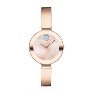 Ladies' Movado Bold®Crystal Rose-Tone Bangle Watch with Transparent Mother-of Pearl Dial (Model: 3600628)